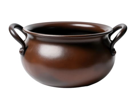 A ceramic pot with two handles on a white background