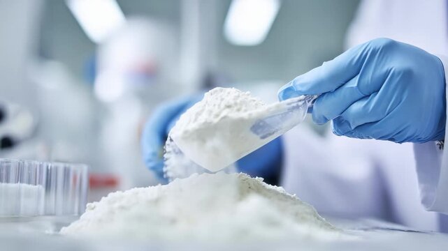Technician carefully mixes mineral fillers into polymer resin to enhance strength and durability of advanced composite materials in a controlled lab setting.