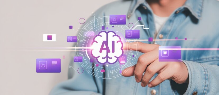 AI-Enhanced Interaction: A person interacts with an abstract AI brain interface, representing the seamless fusion of human intelligence and artificial intelligence.