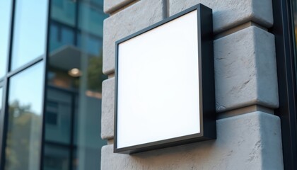 Square black framed signboard hangs on stone building exterior. Blank white panel offers space for company logo or store name. Modern business building facade with glass windows.