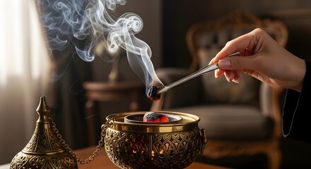 Hand placing bakhoor incense on hot charcoal in an ornate censer, with aromatic smoke rising for ritual