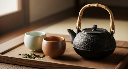 Japanese tea set with cast iron teapot and cups on wooden tray for traditional tea ceremony 100