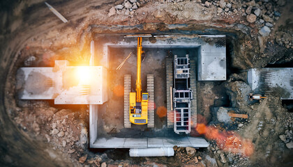 Heavy machinery shapes a construction site from above, promising progress and modern development with an excavator and concrete forms at work