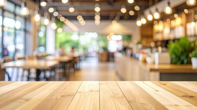 Wood table surface with blurred background showcasing a restaurant or cafe interior with soft lighting and seating arrangement.