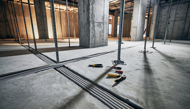 Modern construction site with concrete floor and supportive metal beams, showcasing meticulous cable management and professional tool arrangement for success