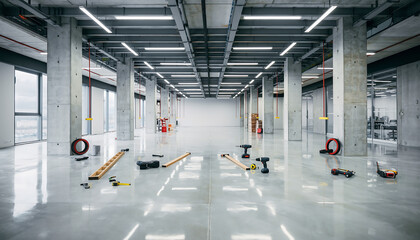 Modern industrial space ready for renovation, showcasing tools and equipment for construction or repair work in a bright, spacious interior