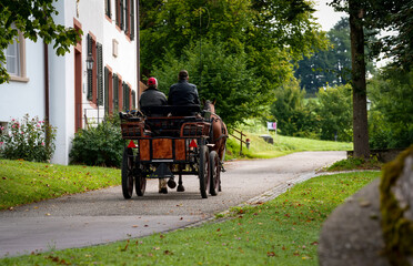 Obraz premium An elderly couple enjoys a horse-drawn carriage ride along the Olsberg country road (Switzerland) Beautiful autumn. A quiet place for outdoor activities. A traditional moment in a rural autumn area. 