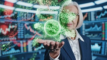 Senior woman researcher manipulates digital data evolving into glowing dna helix and cell orb in modern laboratory. Biotechnology and genetic engineering innovation concept. - Powered by Adobe