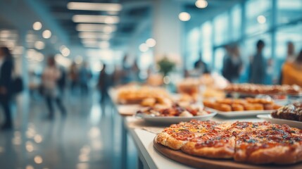 A buffet table laden with assorted food items, including pizza, is featured in a busy modern office setting.