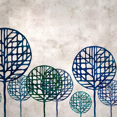 textured stylish old paper background, square,  with round stylized tree illustration
