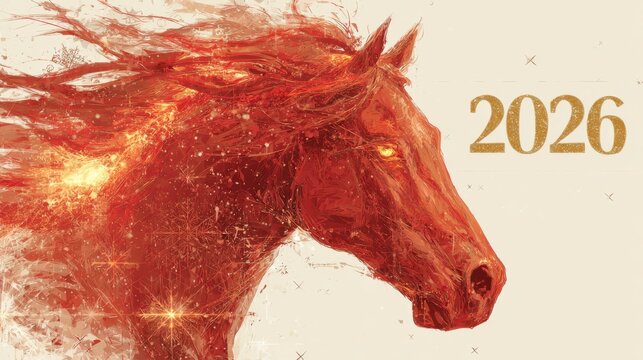 Radiant fire horse head shines with intense glowing eyes flowing mane energy sparks year 2026