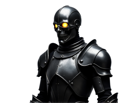 A person dressed in a black suit with striking yellow eyes