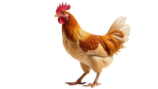 A brown and white chicken standing on a white surface, great for farm or nature scenes