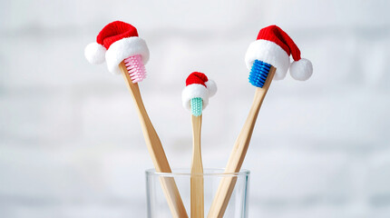 Three bamboo toothbrushes with colorful bristles wearing tiny Santa hats standing upright in a glass against a bright holiday background, symbolizing eco-friendly dental care with festive mood