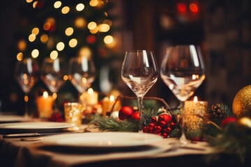Naklejka premium Christmas dinner restaurant glass table.