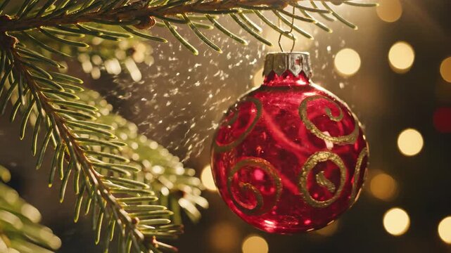 Vintage red glass Christmas bauble hanging on a pine branch with bokeh lights