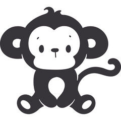 Cute Cartoon Monkey Sitting On Transparent Background Simple Minimalist Design Dark Gray Silhouette And White Face Adorable Playful Animal Character For Childrens Design And Baby Products