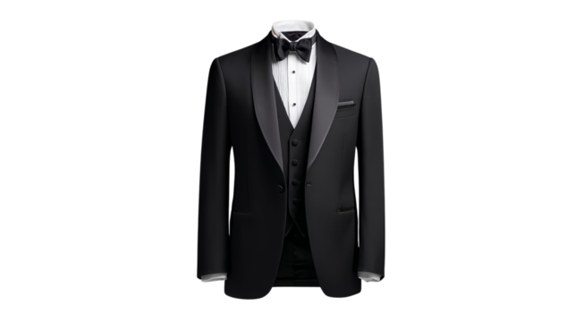 PNG of Elegant men's black tuxedo with a classic bow tie, perfect for formal events and parties.