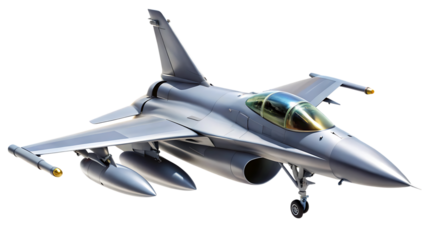 Sleek gray fighter jet, with a golden tinted canopy in flight, cutout, PNG, isolated on white or transparent background, AI