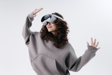 Young asian female enjoying virtual reality experience with vr headset