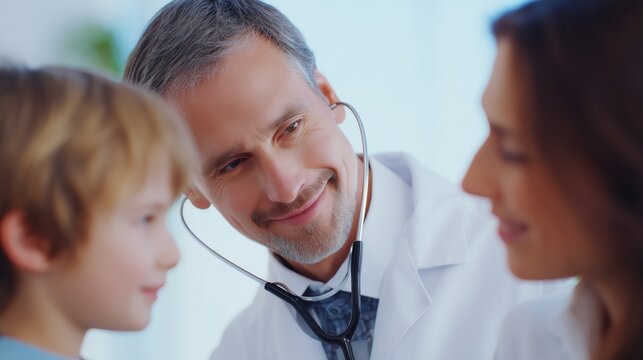 Doctor examining a child with a stethoscope, mother looking on in the clinic