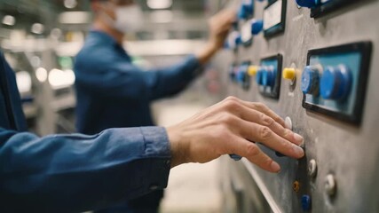 Medium shot focused on operators adjusting environmental controls to optimize temperature and reduce emissions in a production area.