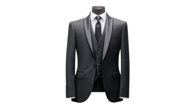 PNG of Elegant black tuxedo with sleek details, perfect for formal events or weddings.