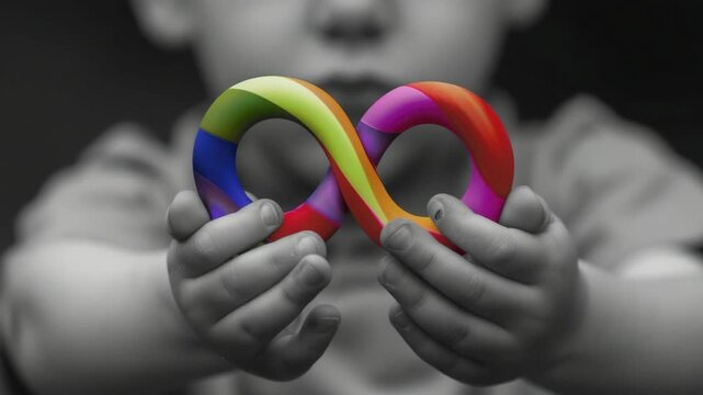 A child holding a rainbow shaped toy. The toy is shaped like an infinity symbol