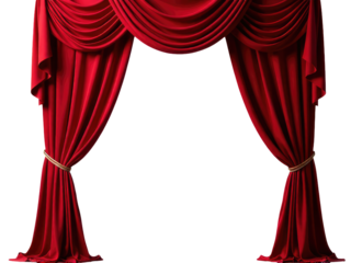 A pair of red curtains suspended from the ceiling, possibly for theatrical or decorative purposes