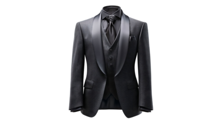 PNG of Elegant black tuxedo with satin lapels, ideal for formal events and special occasions.