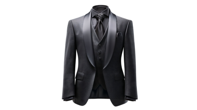PNG of Elegant black tuxedo with satin lapels, ideal for formal events and special occasions.
