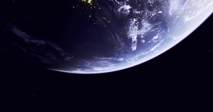 A breathtaking view from space reveals Earths curvature, vibrant blue oceans, and swirling cloud patterns against a dark backdrop of space. The scene captures the beauty and fragility of our planet.