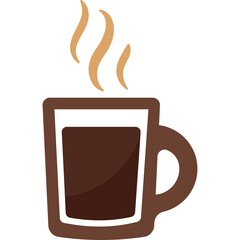 A brown coffee mug with dark brown coffee and steam rising from the hot beverage in a simple flat design illustration with a transparent background