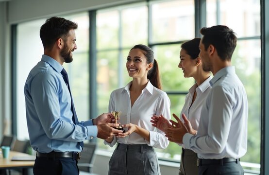 Smiling boss presents golden award to happy female employee. Colleagues applaud, congratulate woman for pro success. Business team celebrates achievement, recognition in modern office meeting.