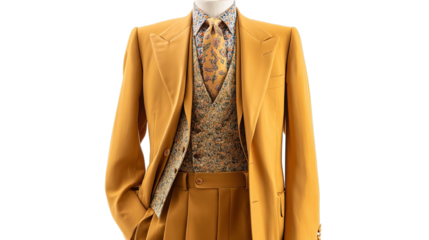 PNG of Stylish men's formal outfit featuring a bright mustard suit with a floral patterned vest and a coordinating tie.