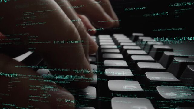 A close-up image of hands actively typing on a computer keyboard, overlaid with programming code and digital data, showcasing the essence of technology and software development. Xenic