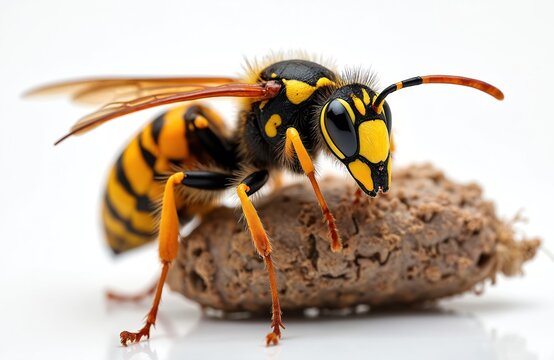 Detailed macro photo of European wasp on nest material. Yellow and black striped insect with large compound eyes and transparent wings on white background. - Powered by Adobe