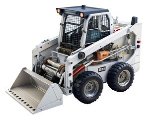 Fototapeta premium White skid steer loader, with exposed engine and hydraulic systems, cutout, PNG, isolated on white or transparent background, AI