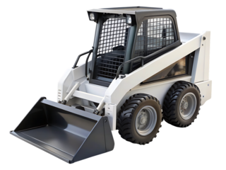 White skid steer loader, with front bucket and protective cage, cutout, PNG, isolated on white or transparent background, AI
