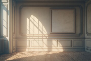 sunlight streaming into elegant classic room casts window shadows across empty wall panel and wooden floor, calm interior provides copyspace concept of real estate property marketing hospitality