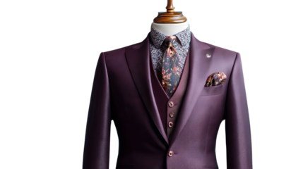 PNG of Elegant men's formal suit in deep burgundy, showcasing intricate floral details on the shirt and pocket square.