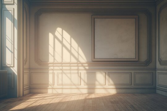 sunlight streaming into elegant classic room casts window shadows across empty wall panel and wooden floor, calm interior provides copyspace concept of real estate property marketing hospitality