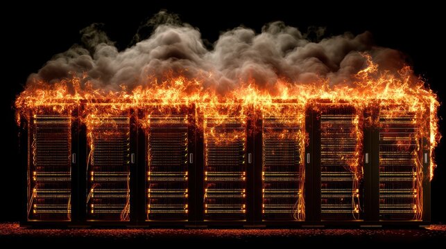 A server rack engulfed in a fiery inferno, showcasing intense flames and smoke against a dark background.