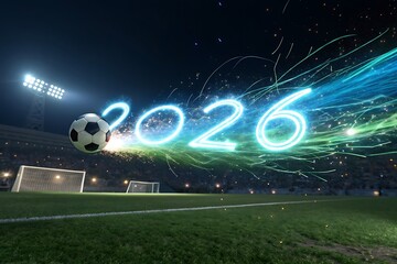 Dynamic 2026 Soccer Scene With Neon Light Trails And Stadium Night Action Energetic Celebration Crowd

