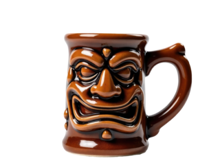 A brown ceramic mug with a painted-on face, perfect for a whimsical coffee cup or decorative accent