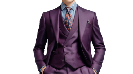 PNG of A stylish Asian man in a tailored purple suit with a striped shirt and floral tie, exuding confidence and elegance.