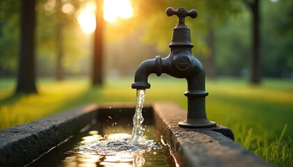 Old outdoor water tap flows into stone basin in green park during sunset. Soft golden light illuminates running water stream and grassy lawn background.