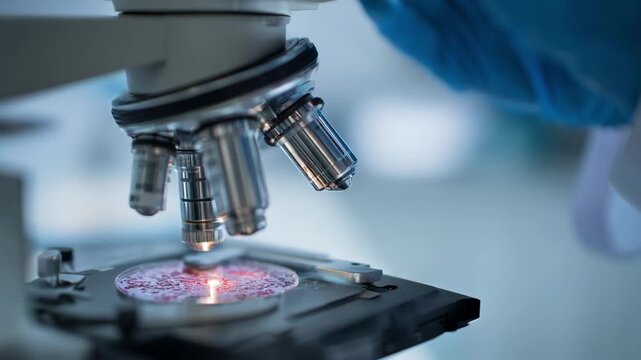 Researcher examining transparent biodegradable film under microscope focusing on agricultural applications to reduce plastic waste in farming.