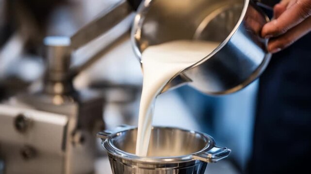 Close medium shot of liquid metal being poured into a calibrated container using a manual dosimetry device emphasizing craftsmanship and precision.