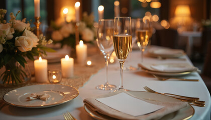 Elegant restaurant table set for event with white roses floral arrangement. Candles lit glowing softly creating romantic mood. Champagne glasses ready, white invitation card mockup awaits guests.